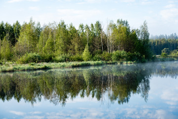 Fototapeta na wymiar reflections in the lake water in the morning mist