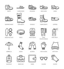 Men's shoes & accessories. Vector line icon collection. Shoe care products. Boots, sandals, slippers, running shoes.