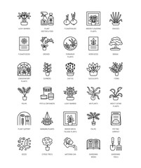 Vector collection of house plants, gardening tools and accessories. Different kinds of flowering and green foliage plants. Line icon set.