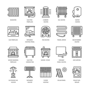 Vector Line Icons With Radiator, Convector And Fireplace. Heating Equipment For Home And Office. Different Styles Of Gas, Oil & Electric Heaters.