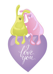 Two embracing rabbits isolated on white background. Cute animals hugs. I love you lettering