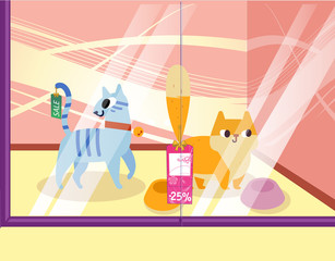 Illustration of a petshop with cats. Lovely cartoon animals in the showcase.