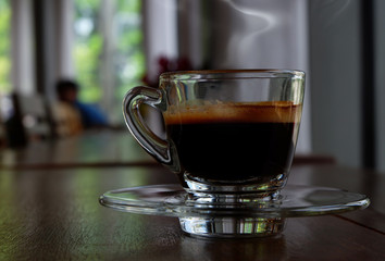 Hot coffee in the coffee shop.