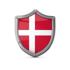 Denmark security concept. Metal shield shape with national flag