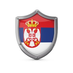 Serbia security concept. Metal shield shape with national flag