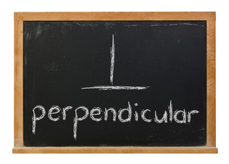 Fototapeta premium Perpendicular and angle drawing written in white chalk on a black chalkboard isolated on white