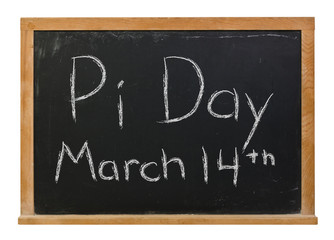 Pi Day written in white chalk on a black chalkboard isolated on white