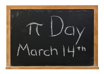 Obraz premium Pi Day written in white chalk on a black chalkboard isolated on white