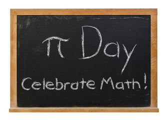 Pi Day written in white chalk on a black chalkboard isolated on white