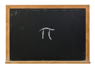 Pi written in white chalk on a black chalkboard isolated on white