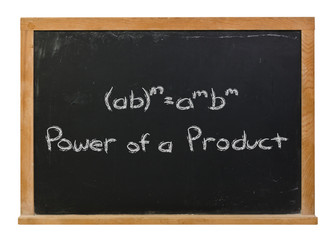 Power of a product written in white chalk on a black chalkboard isolated on white