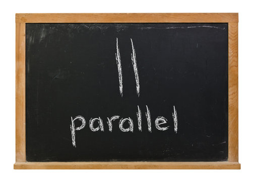 Parallel lines written in white chalk on a black chalkboard isolated on white