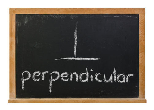 Perpendicular and angle drawing written in white chalk on a black chalkboard isolated on white