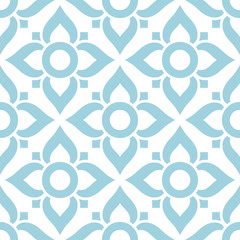 Thai seamless pattern with flowers - tiled design in blue on white background