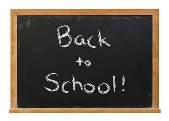 Obraz premium Back to School written in white chalk on a black chalkboard isolated on white