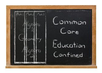 Common core math class structure written in white chalk on a black chalkboard isolated on white