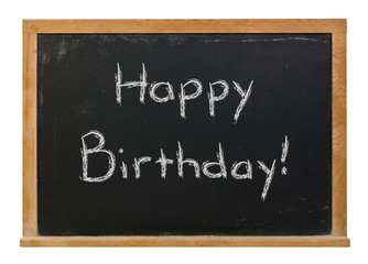 Obraz premium Happy Birthday written in white chalk on a black chalkboard isolated on white