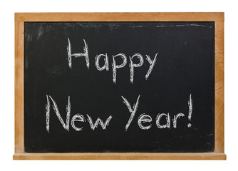 Happy New Year written in white chalk on a black chalkboard isolated on white