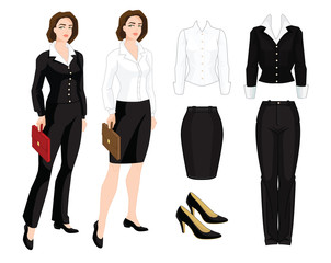 Vector illustration of corporate dress code. Business girl, teacher and secretary in formal clothes. Base wardrobe.