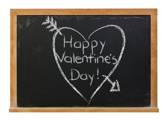 Happy Valentines Day written in white chalk on a black chalkboard isolated on white