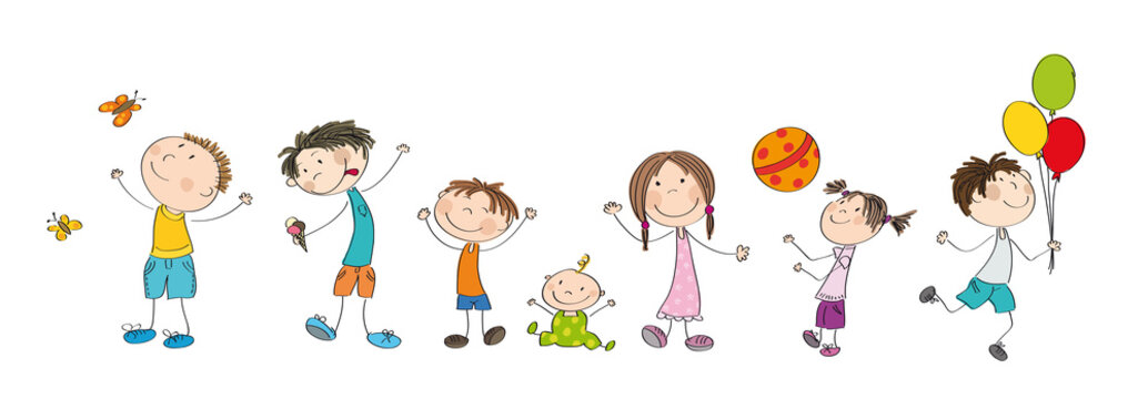 Happy kids collection - original hand drawn illustration of cheerful children
