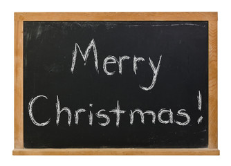 Obraz premium Merry Christmas written in white chalk on a black chalkboard isolated on white 