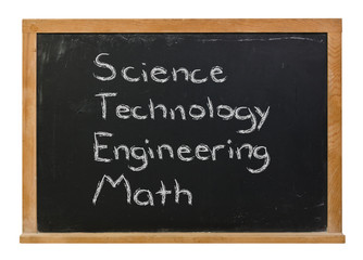 Science Technology Engineering Math written in white chalk on a black chalkboard isolated on white