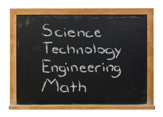 Obraz premium Science Technology Engineering Math written in white chalk on a black chalkboard isolated on white