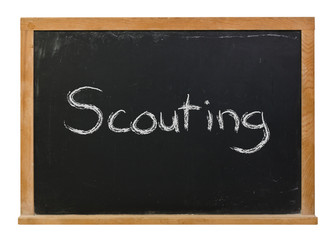 Scouting written in white chalk on a black chalkboard isolated on white