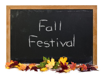 Fall Festival written in white chalk on a black chalkboard decorated with autumn fall leaves isolated on white