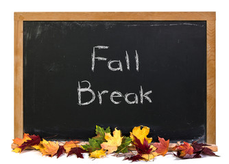 Fall Break written in white chalk on a black chalkboard decorated with autumn fall leaves isolated...