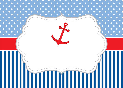 Vector Card Template with an Anchor Whales on Polka Dot and Stripes Background. Vector Nautical.