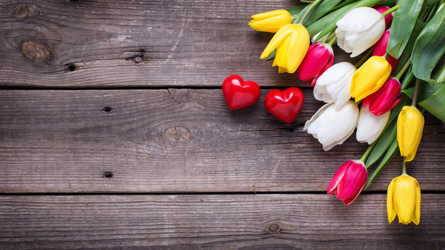 Little decorative hearts and bright  spring  tulips flowers on wooden background.  Selective focus. Flat lay. Place for text. Toned image..