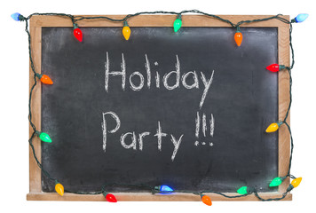 Holiday party written in white chalk on a black chalkboard surrounded with festive colorful lights 
isolated on white