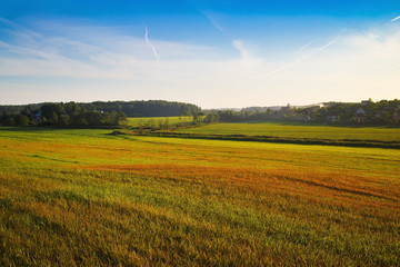 Scenic rural landscape. Meadow and blue sky.