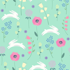Easter bunny with spring flowers seamless pattern on green background. Cute childlike style holiday background. Cartoon baby rabbit illustration. Easter design for textile, fabric, decor. - 158996426