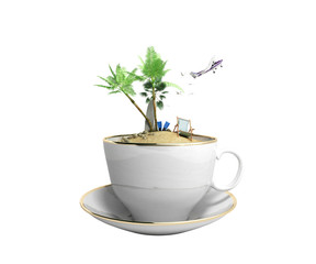 Island in a cup of coffee Concept of travel 3d render on white no shadow