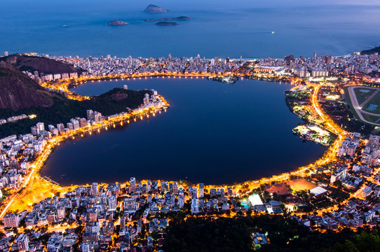 View of Rodrigo de Freitas Lagoon at Night From the Corcovado Mountain, in Rio de Janeiro, Brazil
