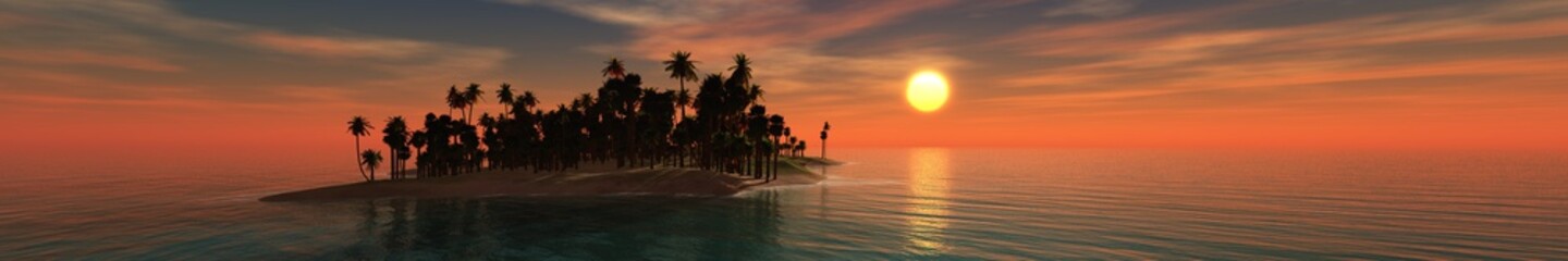 Fototapeta na wymiar Beautiful island in the ocean, a panorama of a tropical sea sunset, 3d rendering