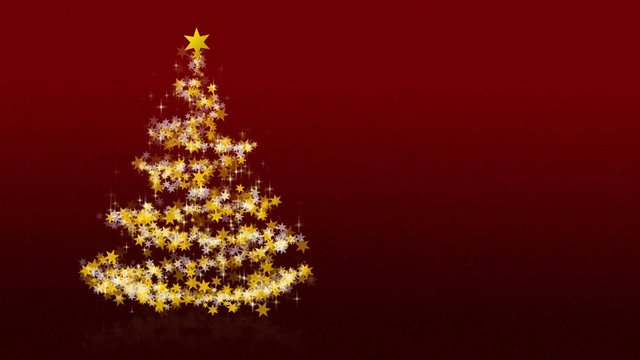 Christmas tree with glittering stars on red background with seasons greetings, french version; part of a multilingual series, approx. 25 sec.