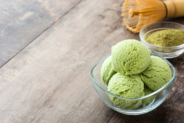 green tea matcha ice cream on wooden table