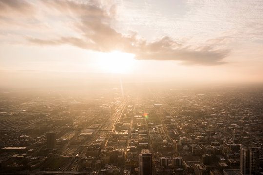 Sunset view over Chicago from the Skydeck, Chicago, Illinois, USA