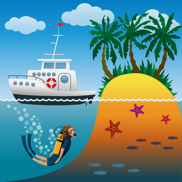 White cruise yacht in raid near tropical island with palm trees.Scuba diver under water. Diving in the open sea. Summertime beach holiday. vector illustration.