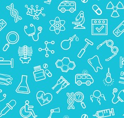 Medicine, blue background, seamless, contour icons, vector. White, line drawings, medical services and instruments on a blue field. Vector background.  
