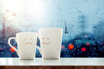 Encouragement concept, Friend of Coffee Mug with Sadness crying face cartoon and kindness happy...
