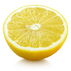 Ripe half of yellow lemon citrus fruit isolated on white background. Lemon half with clipping path