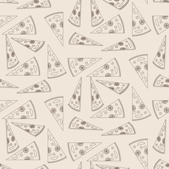 Seamless pattern of sliced pizza isolated on kraft paper. Vector vintage wallpaper.