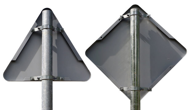 Two metal road signs - triangular and diamond-shaped - a reverse side.