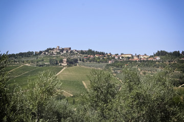 Obraz premium Toskana – Landschaft mit Feldern und Olivenhainen und Weinbergen