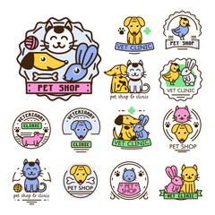 Pet badge vector graphic sticker set domestic insignia cat dog veterinary animal sticker illustration